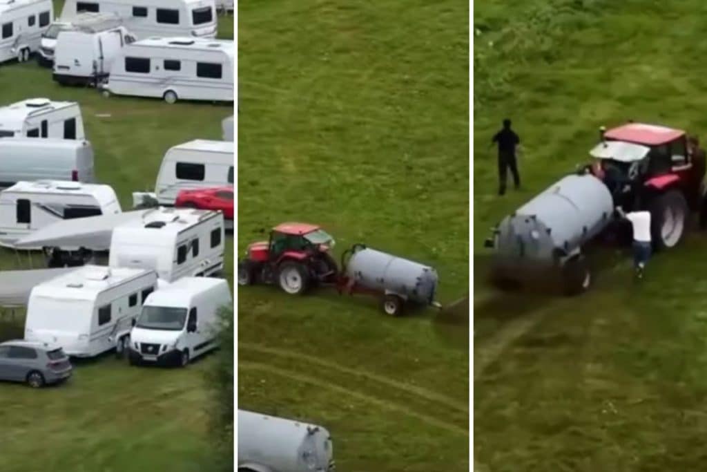 Los agricultores rociendo con purines a las caravanas.