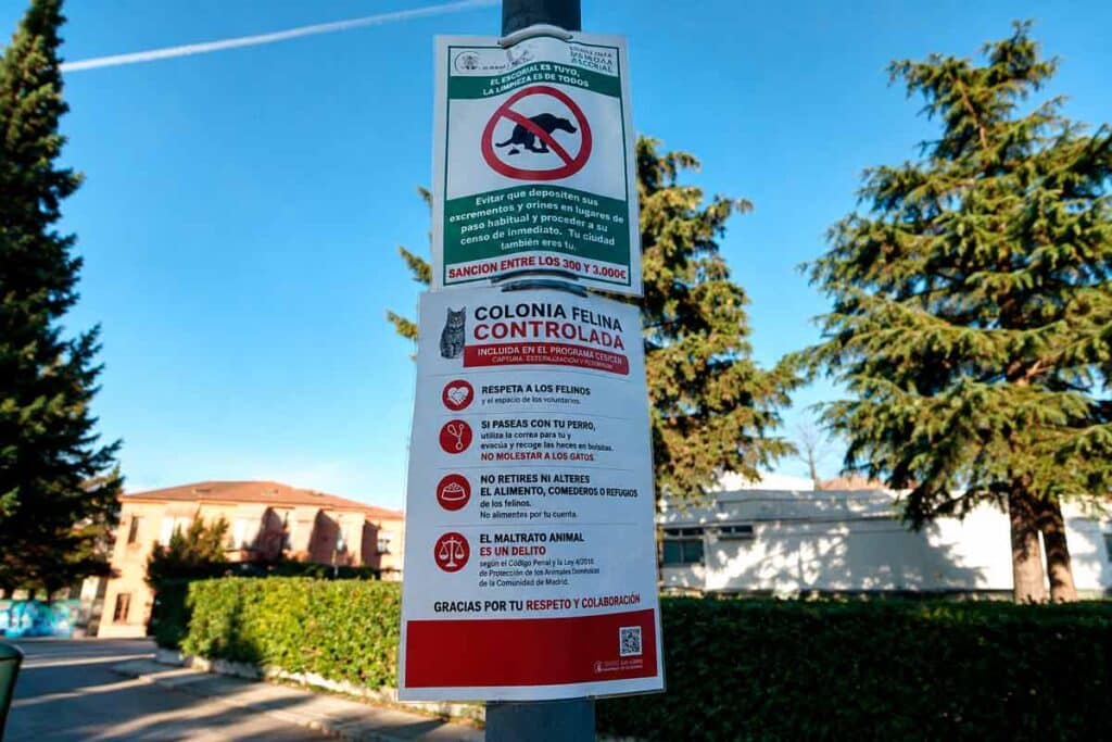 Cartel que advierte de las multas y de no molestar a las colonias felinas.