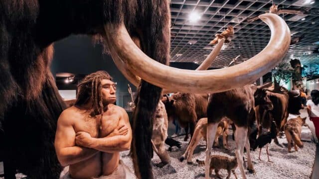 26 de julio de 2022, Munster (Alemania): Mamut lúgubre extinto antiguo y la figura de un cazador humano cercano, en el interior del Museo de Historia Natural